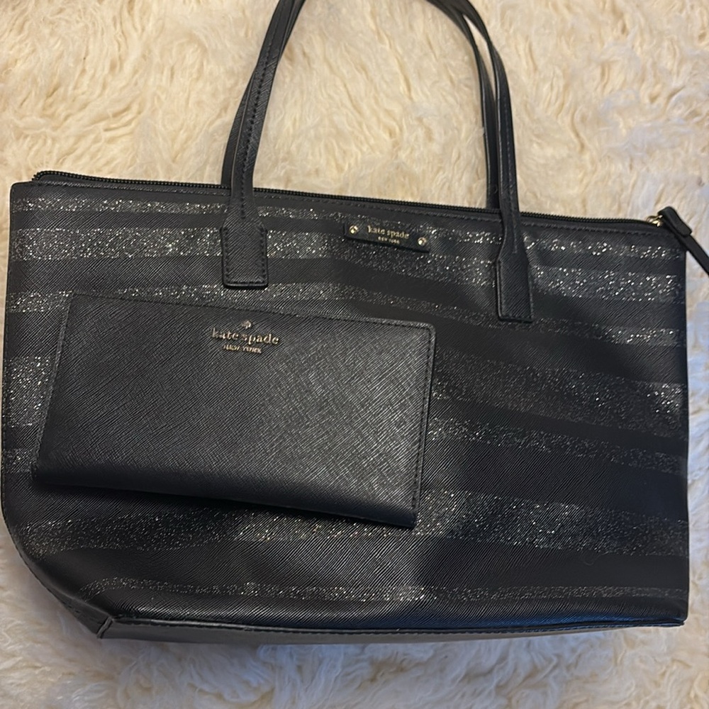 Kate Spade New York 2 piece. Sparkle Stripe Bag and Slim Black Matching Wallet. - Picture 14 of 17